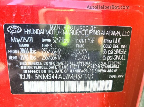 5NMS44AL2MH371003 2021 HYUNDAI SANTA Maroon Շարժիչի բաժամունքի տեսք