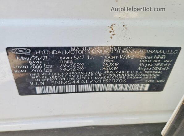 5NMS44AL9MH370706 2021 HYUNDAI SANTA White სალონის 360-გრადუსიანი ხედი