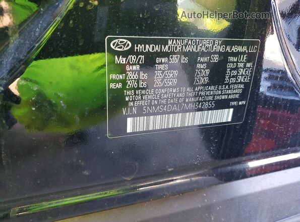 5NMS4DAL7MH342855 2021 HYUNDAI SANTA Black Widok naklejki z numerem VIN