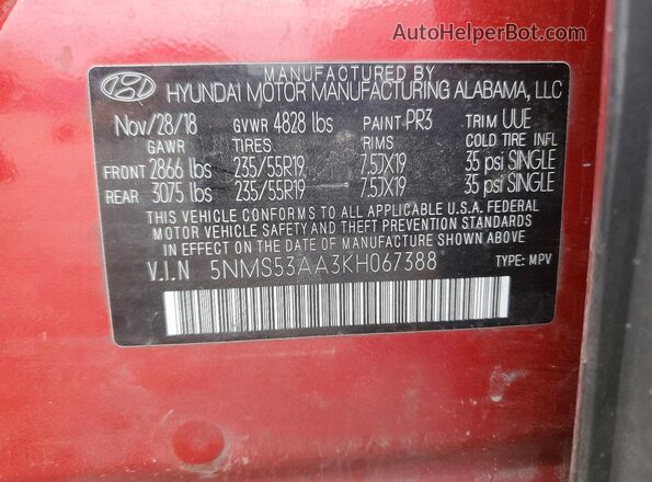 5NMS53AA3KH067388 2019 HYUNDAI SANTA Red 