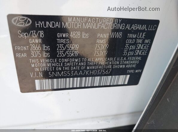 5NMS53AA7KH037567 2019 HYUNDAI SANTA FE Белый Вид подкапотного пространства