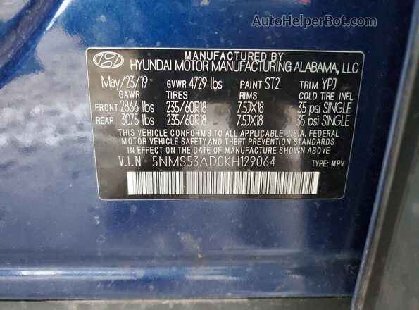 5NMS53AD0KH129064 2019 HYUNDAI SANTA Blue 
