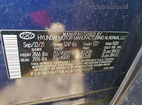 5NMS54AL4NH395009 2022 HYUNDAI SANTA FE CALLIGRAPHY Blue VIN sticker view