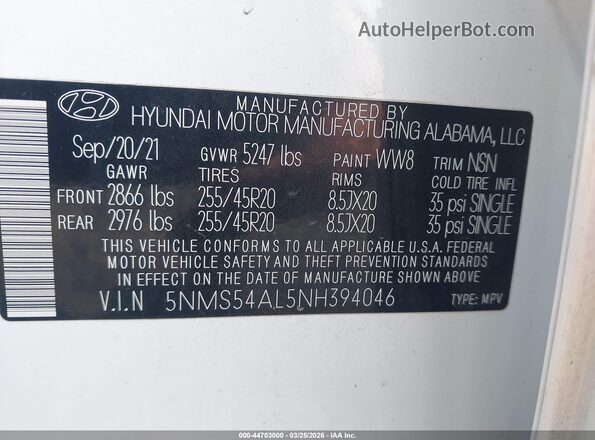 5NMS54AL5NH394046 2022 HYUNDAI SANTA FE CALLIGRAPHY Белый Вид подкапотного пространства