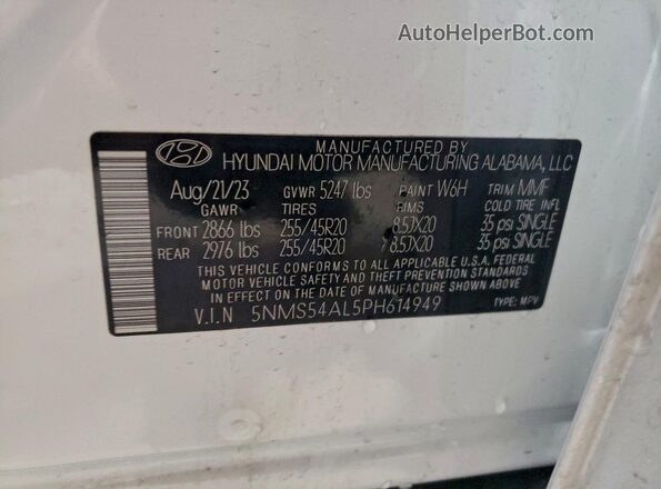 5NMS54AL5PH614949 2023 HYUNDAI SANTA FE CALLIGRAPHY White Widok naklejki z numerem VIN