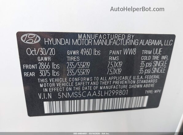 5NMS5CAA3LH299801 2020 HYUNDAI SANTA FE White Widok komory silnika