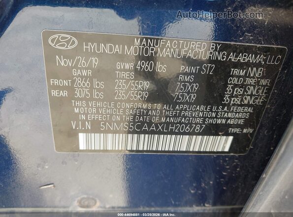 5NMS5CAAXLH206787 2020 HYUNDAI SANTA FE Blue Вид підкапотного простору