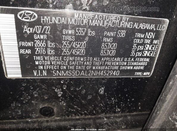5NMS5DAL2NH452940 2022 HYUNDAI SANTA FE CALLIGRAPHY Black 