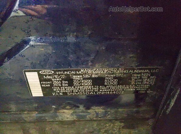5NMS5DAL2NH464022 2022 HYUNDAI SANTA FE CALLIGRAPHY Blue VIN კოდის სტიკერის ხედი
