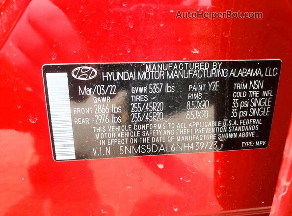 5NMS5DAL6NH439723 2022 HYUNDAI SANTA FE CALLIGRAPHY Red Vista de la etiqueta del VIN