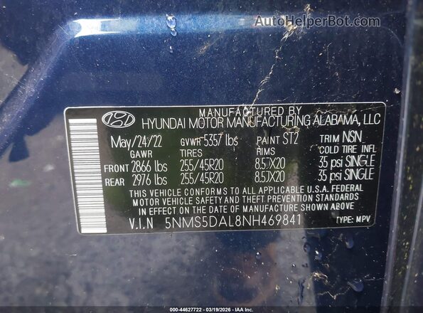 5NMS5DAL8NH469841 2022 HYUNDAI SANTA FE CALLIGRAPHY Blue Engine compartment view