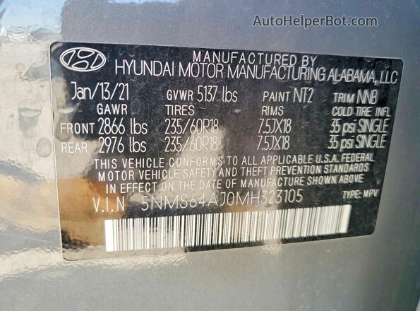 5NMS64AJ0MH323105 2021 HYUNDAI SANTA Серый 