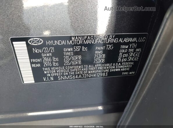 5NMS64AJ2NH412983 2022 HYUNDAI SANTA FE Gray Vista del compartimento del motor