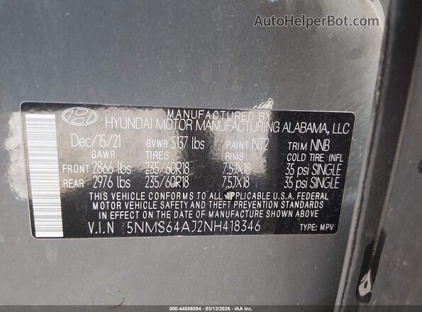 5NMS64AJ2NH418346 2022 HYUNDAI SANTA FE Серый 
