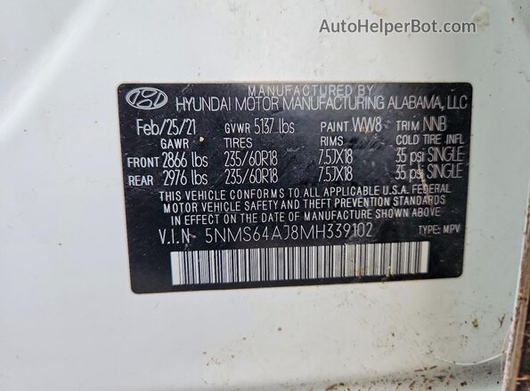 5NMS64AJ8MH339102 2021 HYUNDAI SANTA White Vista de la etiqueta del VIN