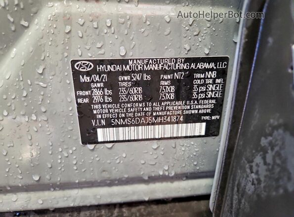 5NMS6DAJ5MH341874 2021 HYUNDAI SANTA Gray VIN կոդի պիտակի տեսք
