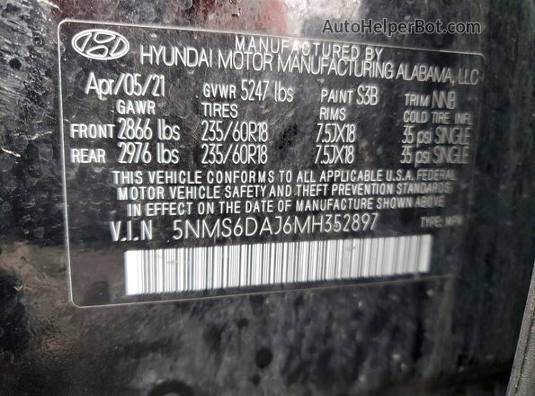 5NMS6DAJ6MH352897 2021 HYUNDAI SANTA Черный Вид наклейки с VIN-кодом