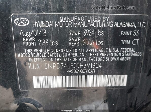 5NPD74LF0JH391904 2018 HYUNDAI ELANTRA Black 