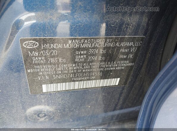 5NPD74LF0LH594536 2020 HYUNDAI ELANTRA Blue Widok komory silnika