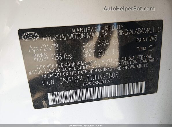 5NPD74LF1JH355803 2018 HYUNDAI ELANTRA White Engine compartment view