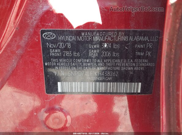 5NPD74LF1KH438262 2019 HYUNDAI ELANTRA Red Vista del compartimento del motor