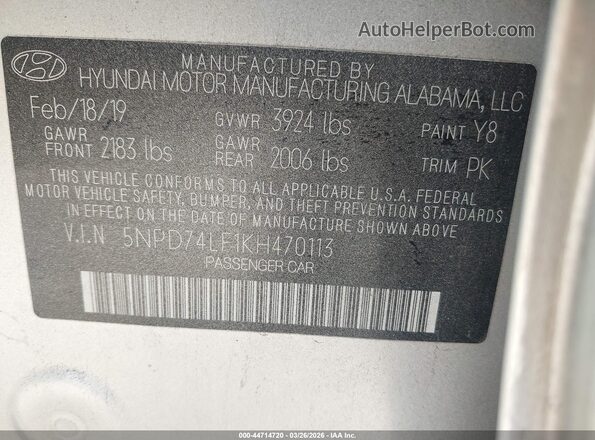 5NPD74LF1KH470113 2019 HYUNDAI ELANTRA Gray Widok komory silnika