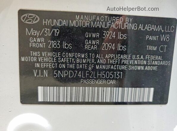 5NPD74LF2LH505131 2020 HYUNDAI ELANTRA White Շարժիչի բաժամունքի տեսք