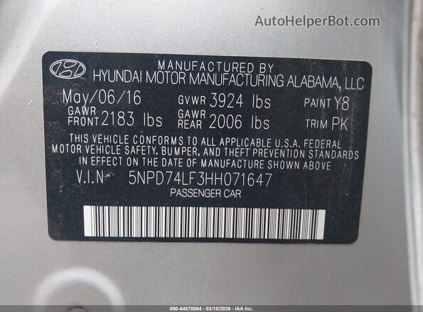 5NPD74LF3HH071647 2017 HYUNDAI ELANTRA Silver Vista del compartimento del motor