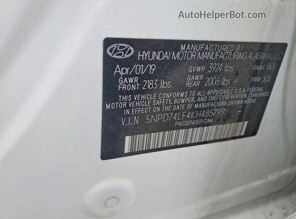 5NPD74LF4KH485799 2019 HYUNDAI ELANTRA White 