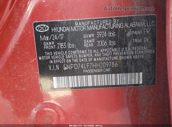 5NPD74LF7HH209786 2017 HYUNDAI ELANTRA Red Vista del compartimento del motor