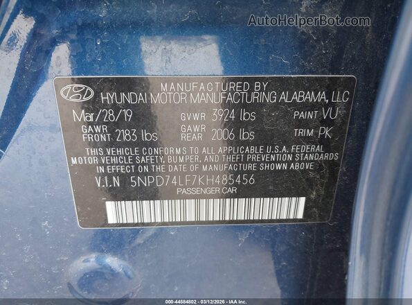 5NPD74LF7KH485456 2019 HYUNDAI ELANTRA Blue Widok komory silnika