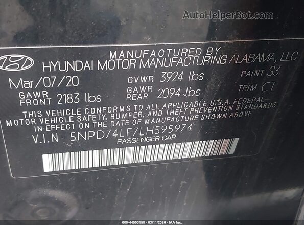 5NPD74LF7LH595974 2020 HYUNDAI ELANTRA Black ძრავის განყოფილების ხედი