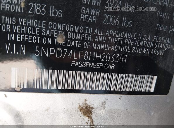5NPD74LF8HH203351 2017 HYUNDAI ELANTRA Silver ძრავის განყოფილების ხედი