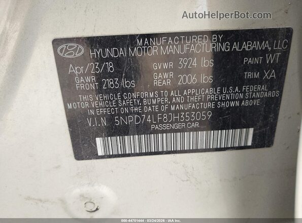 5NPD74LF8JH353059 2018 HYUNDAI ELANTRA Tan ძრავის განყოფილების ხედი