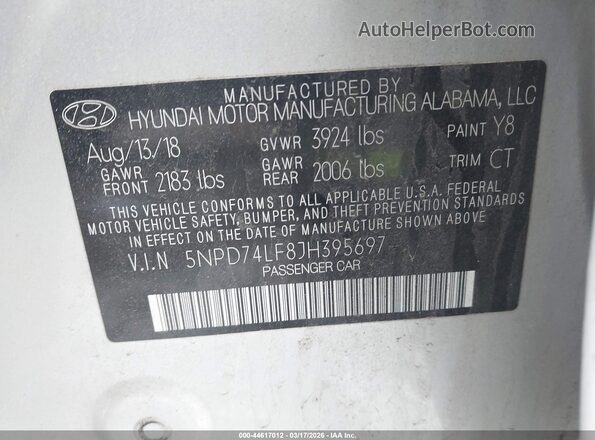 5NPD74LF8JH395697 2018 HYUNDAI ELANTRA Серебряный Вид подкапотного пространства