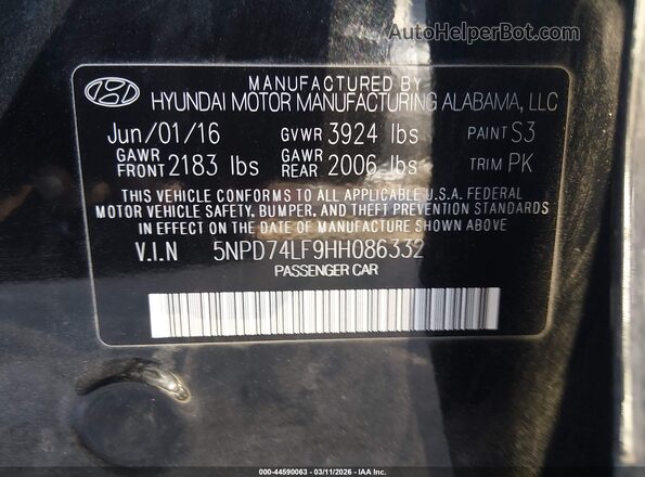 5NPD74LF9HH086332 2017 HYUNDAI ELANTRA Black Engine compartment view