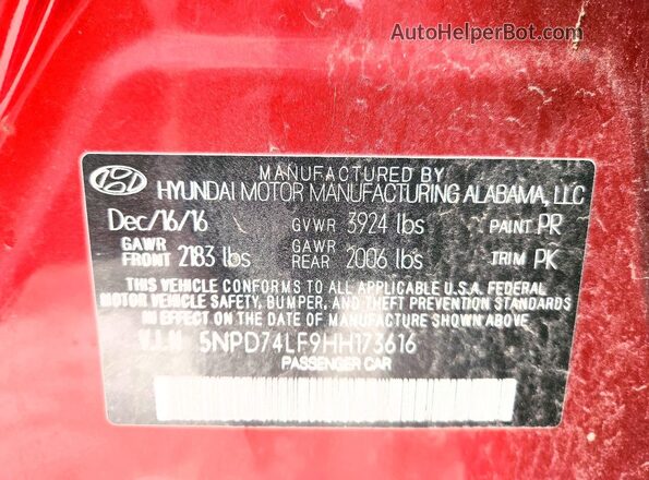 5NPD74LF9HH173616 2017 HYUNDAI ELANTRA Red Вид підкапотного простору