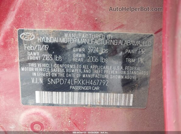 5NPD74LFXKH467792 2019 HYUNDAI ELANTRA Red Vista del compartimento del motor
