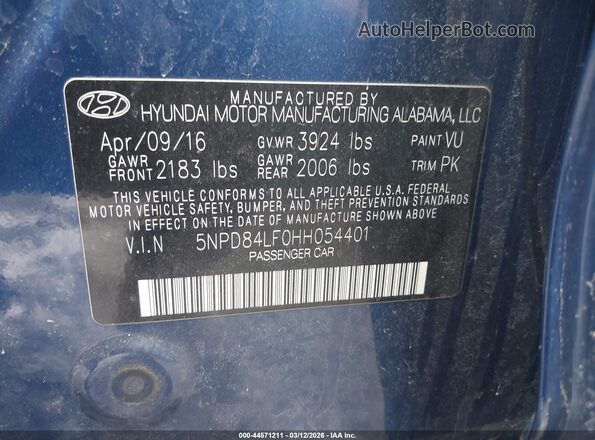 5NPD84LF0HH054401 2017 HYUNDAI ELANTRA Синий Вид подкапотного пространства