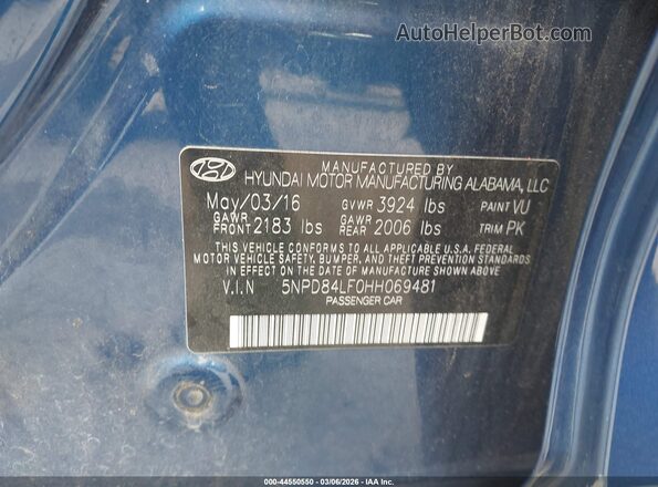 5NPD84LF0HH069481 2017 HYUNDAI ELANTRA Blue ძრავის განყოფილების ხედი