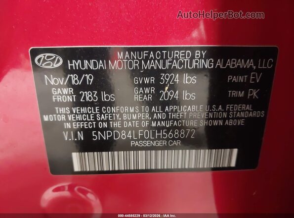 5NPD84LF0LH568872 2020 HYUNDAI ELANTRA Red Вид підкапотного простору