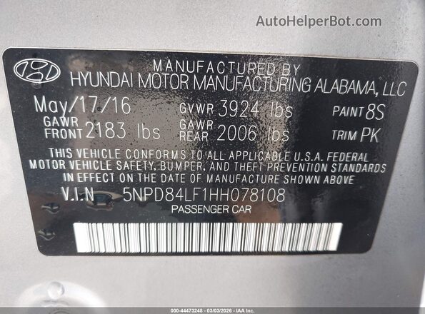 5NPD84LF1HH078108 2017 HYUNDAI ELANTRA Gray ძრავის განყოფილების ხედი