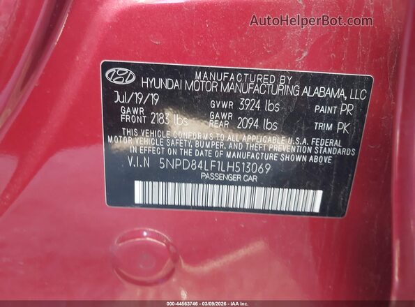 5NPD84LF1LH513069 2020 HYUNDAI ELANTRA Красный Вид подкапотного пространства