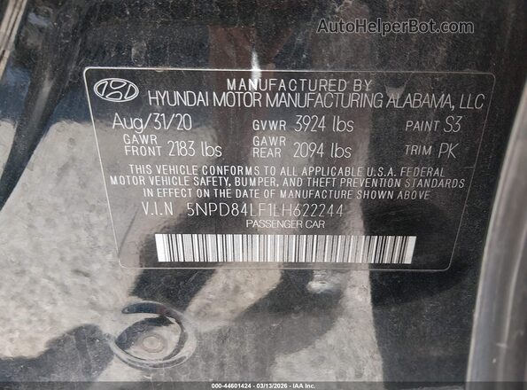 5NPD84LF1LH622244 2020 HYUNDAI ELANTRA Black Engine compartment view