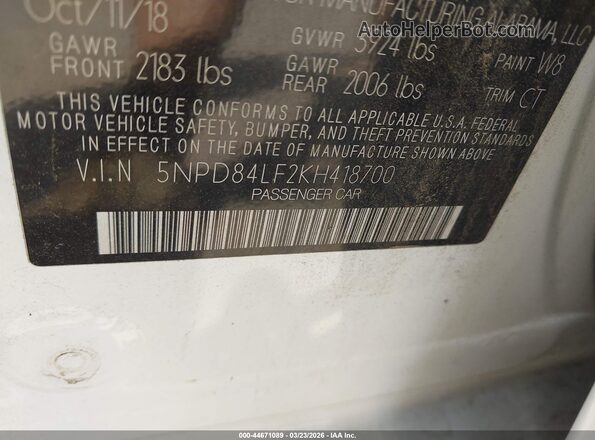 5NPD84LF2KH418700 2019 HYUNDAI ELANTRA White Engine compartment view