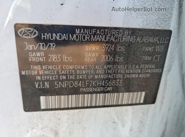 5NPD84LF2KH456833 2019 HYUNDAI ELANTRA Белый 