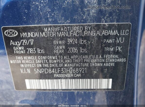 5NPD84LF3JH268921 2018 HYUNDAI ELANTRA Blue Engine compartment view
