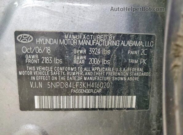 5NPD84LF3KH416020 2019 HYUNDAI ELANTRA Gray 