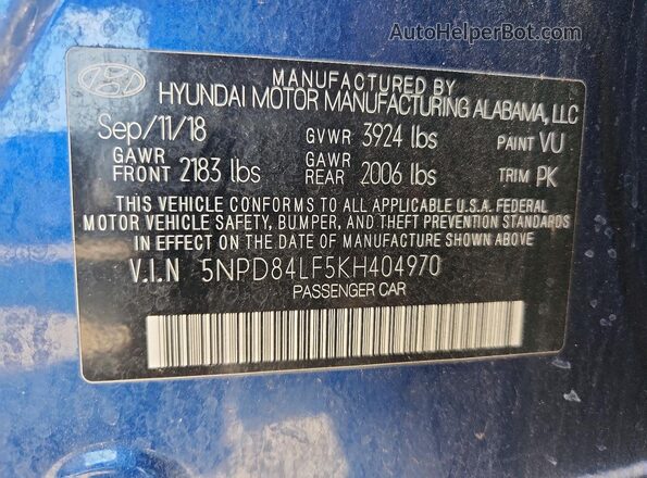 5NPD84LF5KH404970 2019 HYUNDAI ELANTRA Blue 