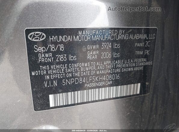 5NPD84LF5KH408016 2019 HYUNDAI ELANTRA Серый Вид подкапотного пространства